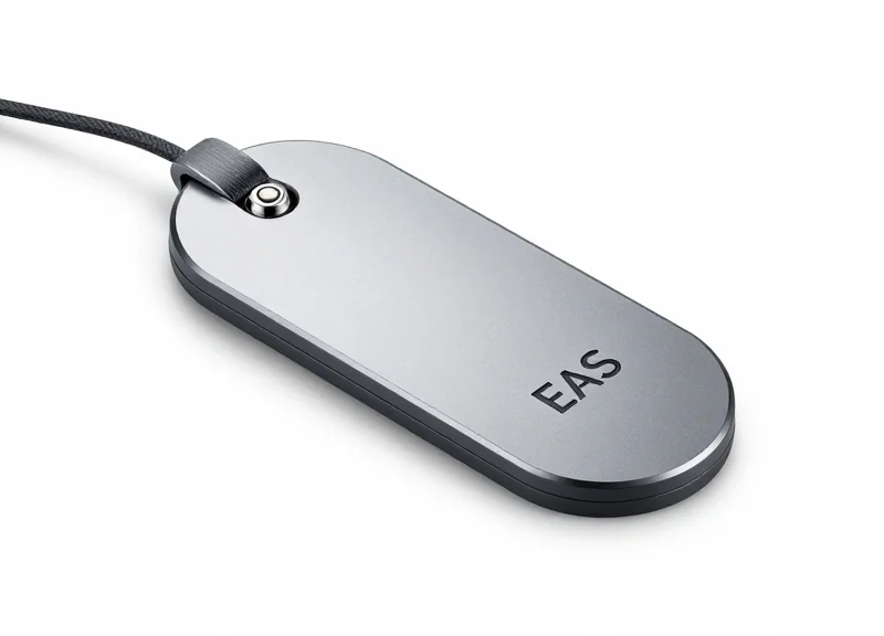 A modern dual-point EAS security alarm tag designed for eyewear, showing the locking mechanism.
