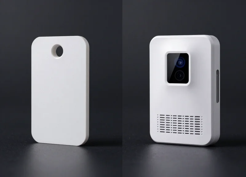 Side-by-side comparison of a standard bulky security tag versus a slim modern dual-point alarm tag.