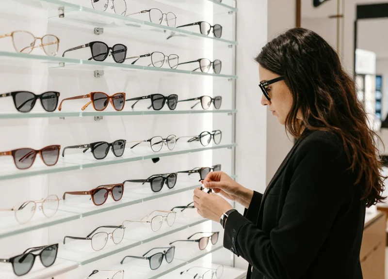 A stylish customer looking at eyewear in a high-end shop where security devices are unobtrusively integrated.