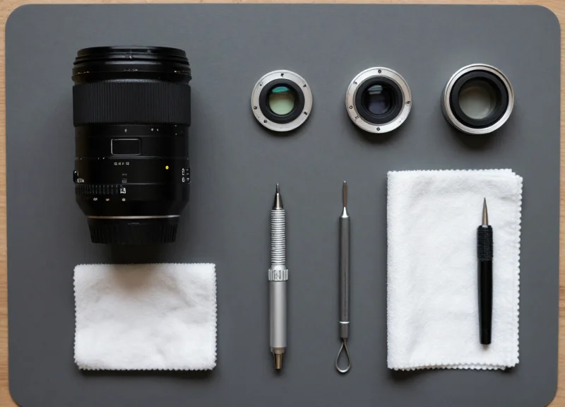 Organized layout of camera lens, sensors, and installation tools