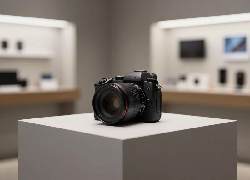 A high-end professional mirrorless camera displayed on a sleek, minimalist pedestal in a modern retail store.