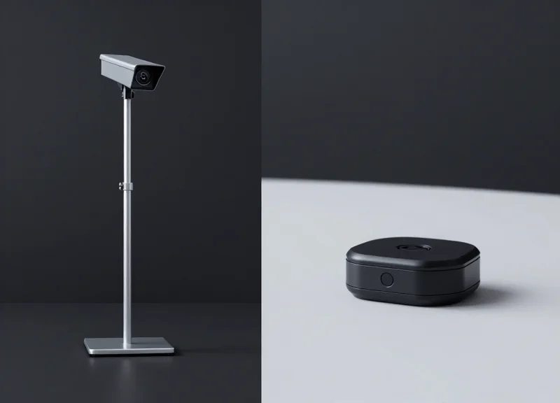 Side-by-side comparison of a traditional EAS security gate and a modern small wireless sensor puck.
