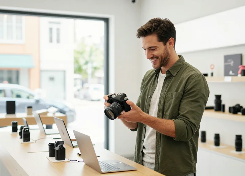 A customer in a bright modern electronics boutique examining a camera freely without any wires.