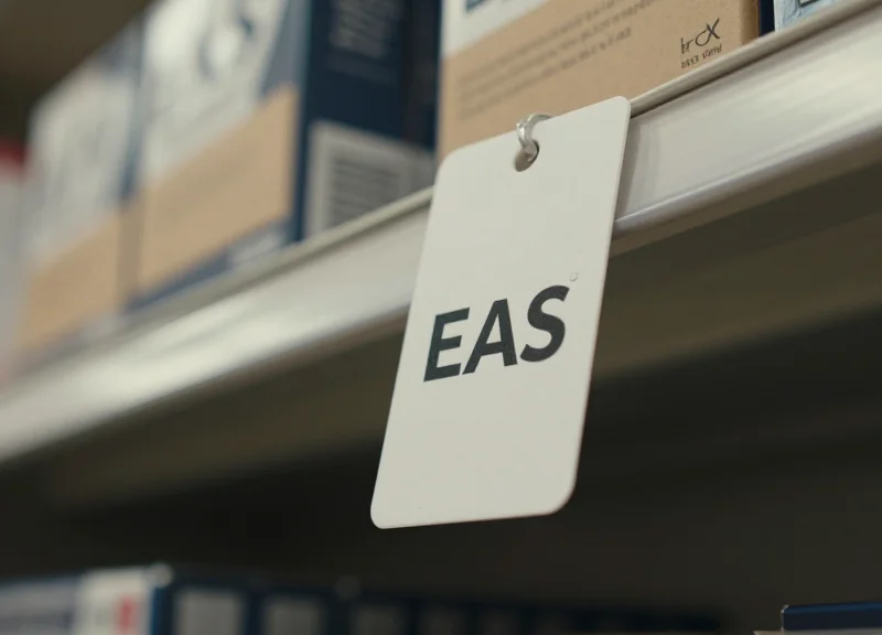 A security tag attached to a high-end electronics box on a retail shelf