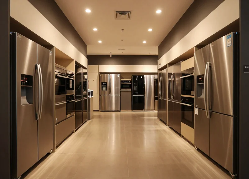 A wide shot of a modern clean appliance showroom with spacious aisles