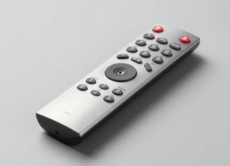 A high-end TV remote control with a small security sensor attached to its base.
