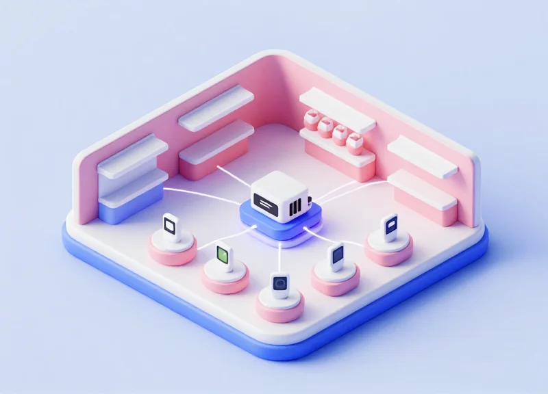 Isometric view of a retail security system architecture with sensors and a central monitoring hub.