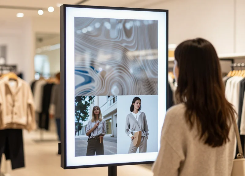 A customer interacting with a glowing smart mirror display in a futuristic retail store.