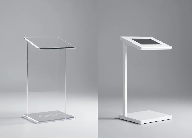 A side-by-side comparison showing two different types of security pedestal designs representing AM and RF systems.