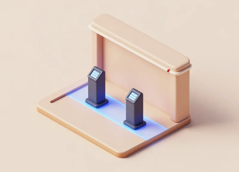 A 3D isometric model of a store entrance showing the detection zones of security antennas.