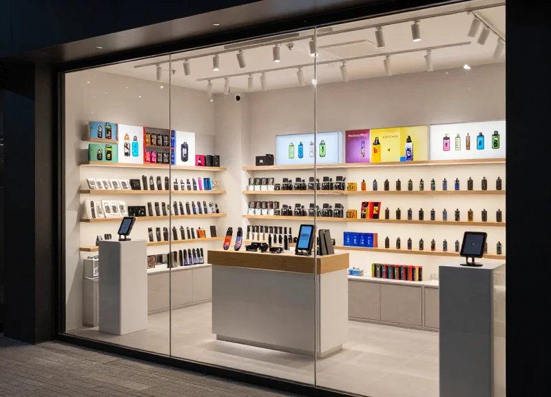 Modern vape retail store interior with high-end inventory and security pedestals at the entrance