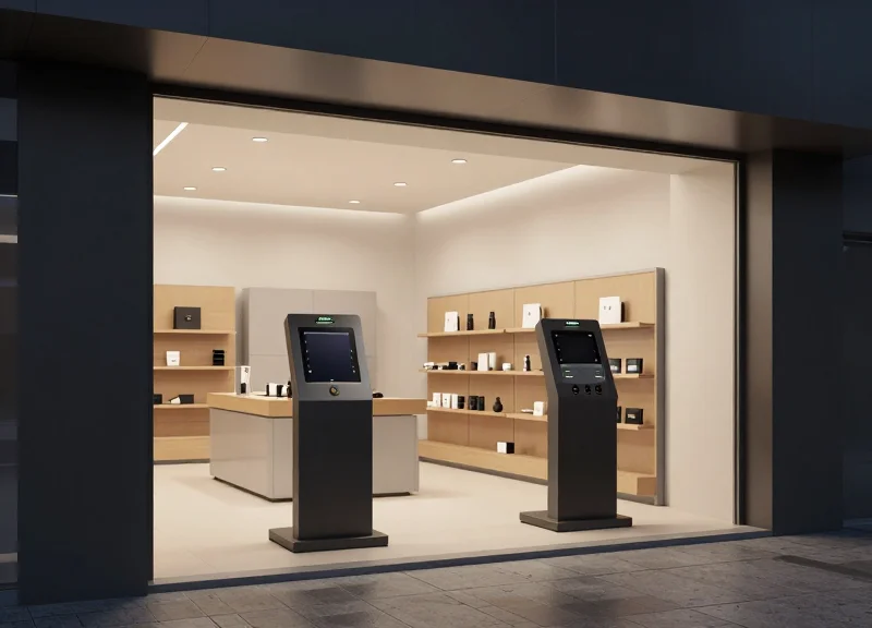 Modern electronic article surveillance pedestals at the entrance of a high-end retail store.