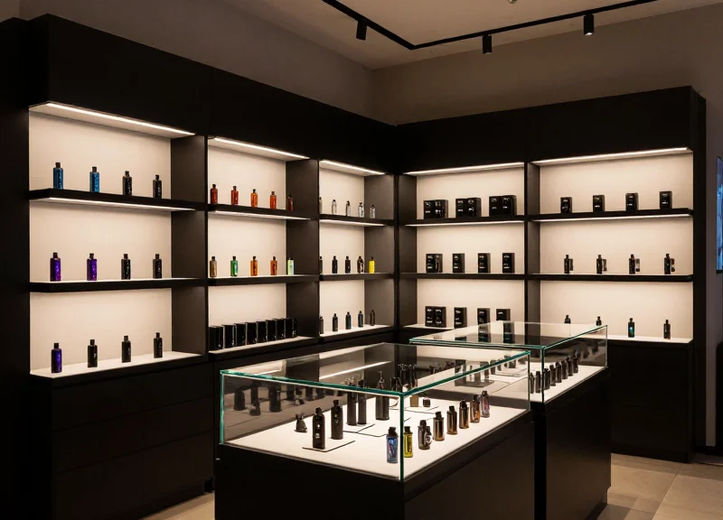 A modern, high-end vape boutique interior with clean lines and premium displays