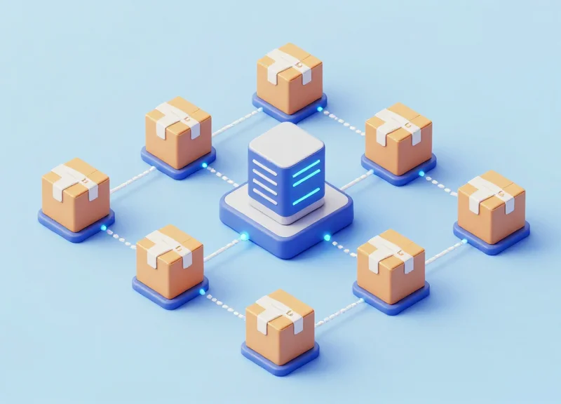 Isometric 3D model of a retail inventory system with digital connectivity