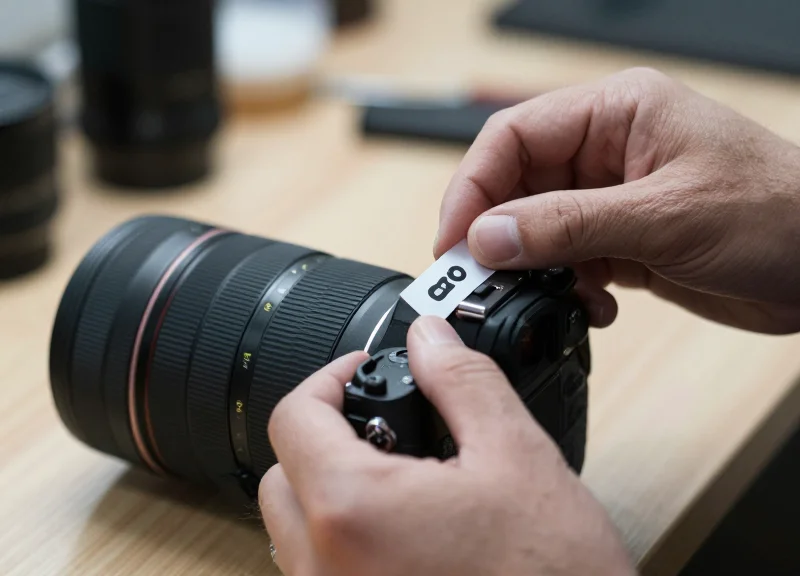 A technician carefully applying a non-damaging security tag to a professional camera lens.