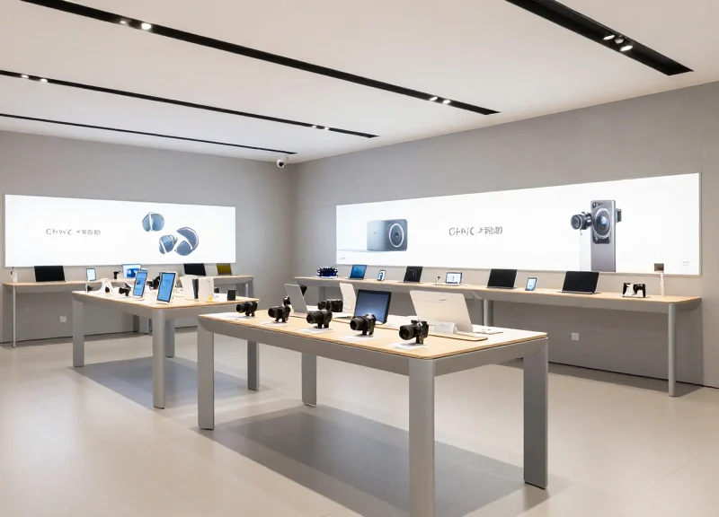 Wide shot of a sleek, modern electronics retail store with high-end cameras on display.