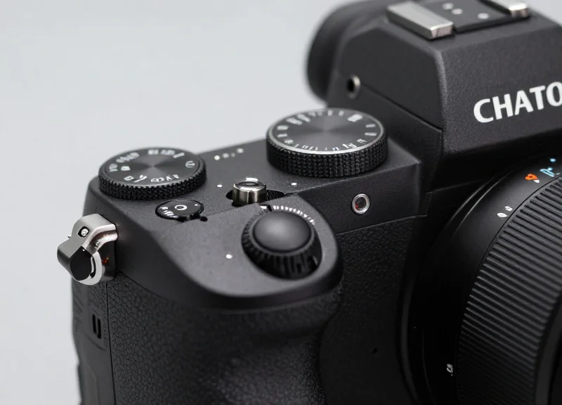 Detailed macro shot of a compact mirrorless camera showing its intricate design and textures.