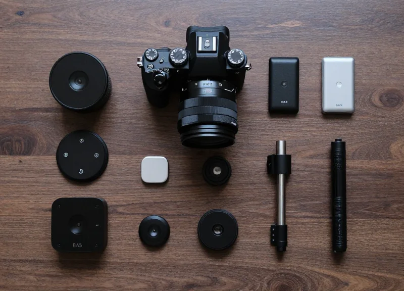 Top-down view of a mirrorless camera and various small EAS security sensors neatly arranged on a workbench.