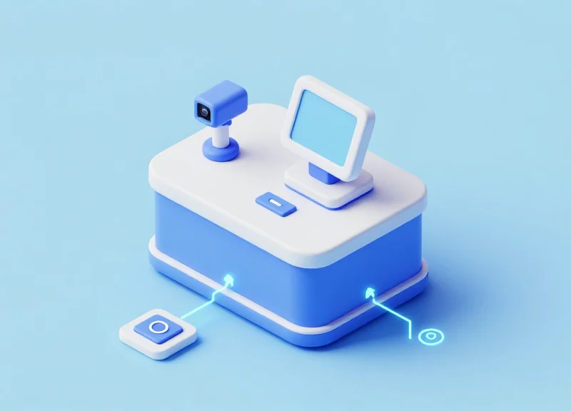 3D isometric view of a retail checkout counter showing the integration of security sensors and POS systems.