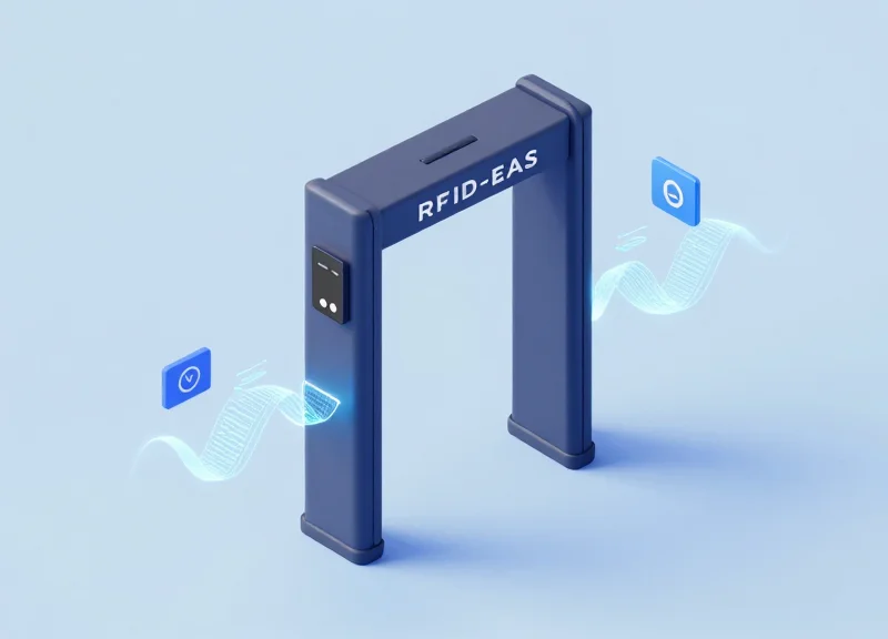 Isometric 3D illustration of a hybrid RFID-EAS security gate system