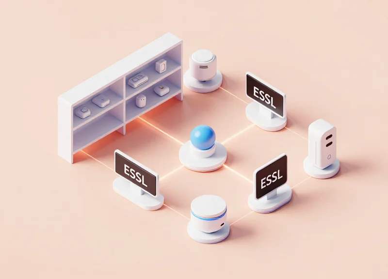 Isometric 3D view of an IoT ecosystem with ESL labels and wireless sensors