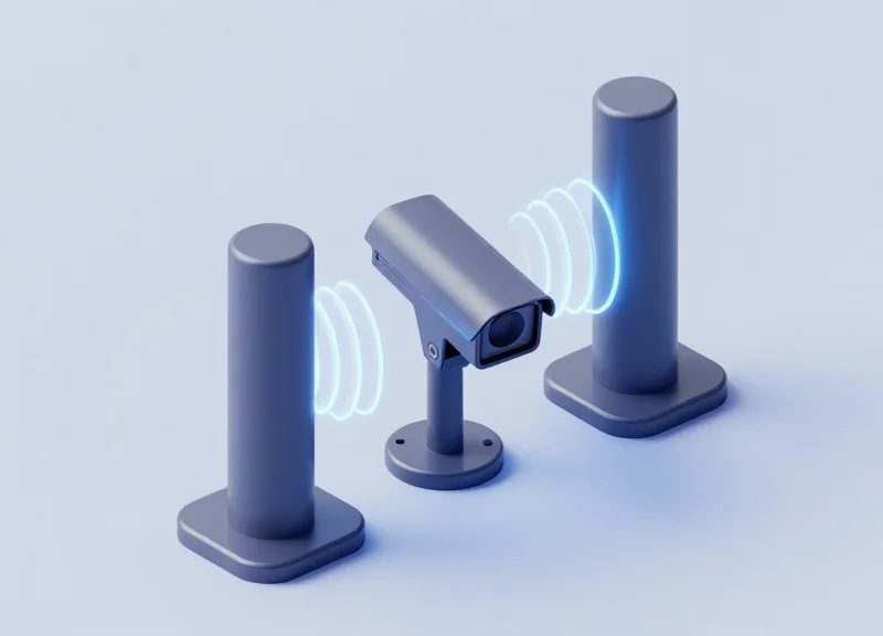 An isometric 3D model of a store entrance featuring AM security antennas and a glowing magnetic field.