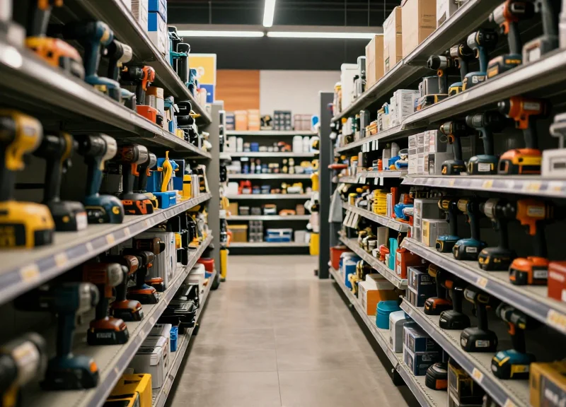 Wide shot of a professional hardware store aisle with power tools displayed on shelves under cinematic lighting.