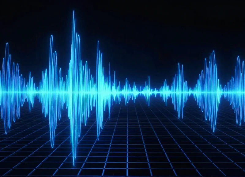 Abstract digital art showing radio frequency waves being distorted by a dark metallic surface.