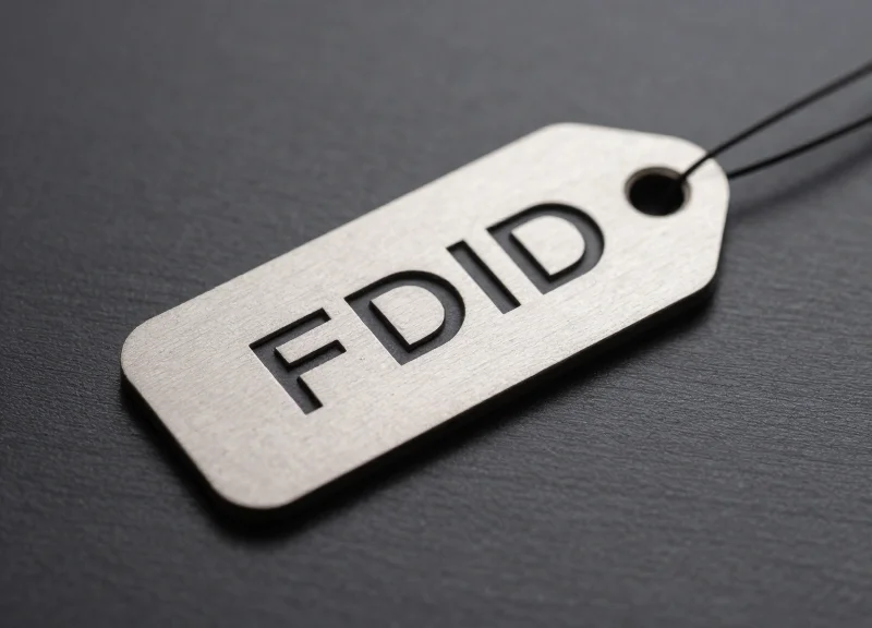 Macro shot of a specialized industrial anti-metal RFID tag on a dark gray metallic background.