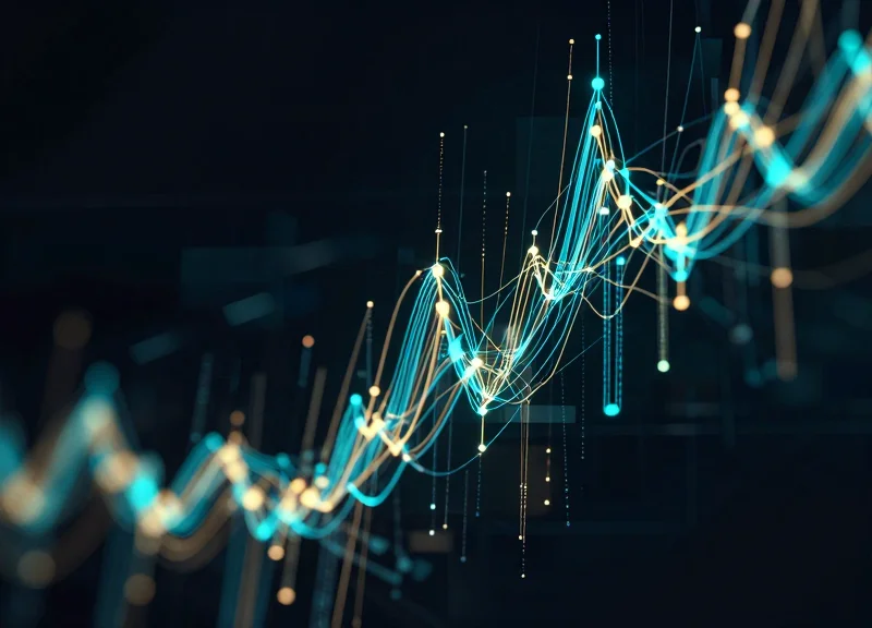 Abstract data visualization showing a sharp downward trend of glowing light particles representing reduced loss.