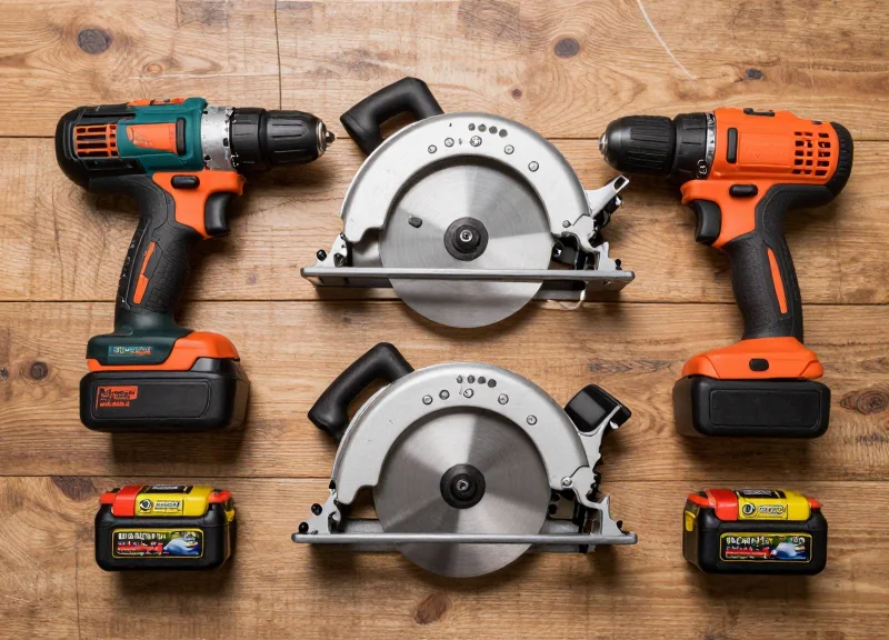 A neatly organized flat lay of expensive power tools including a drill, circular saw, and batteries on a wooden workbench.