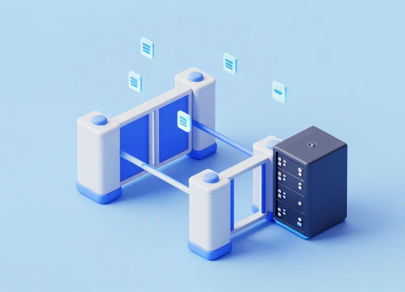 3D isometric model of a store entrance equipped with RFID security gates and glowing data modules.