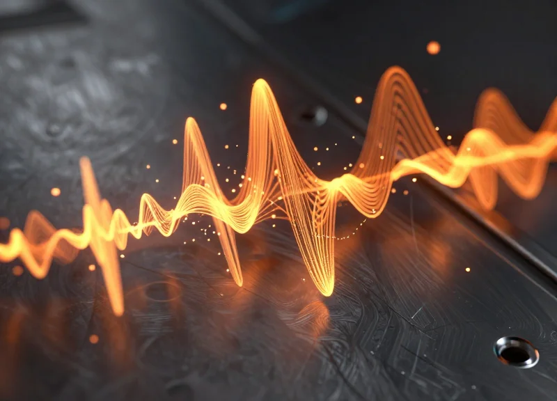 Abstract visualization of magnetic interference waves clashing with a metallic surface.