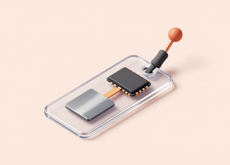Isometric 3D view of a hybrid security tag showing internal RFID and EAS components