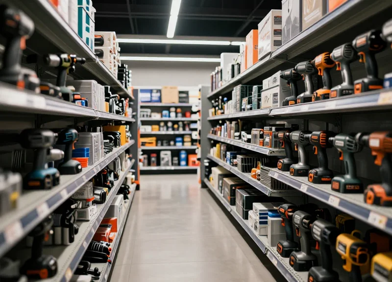 Modern hardware store aisle with power tools and metallic shelves