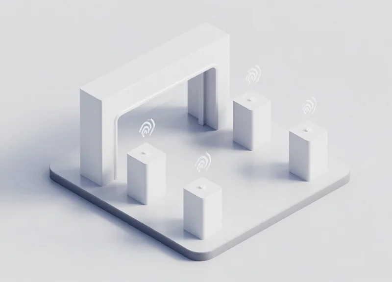 Isometric 3D model of a store entrance with smart security pedestals