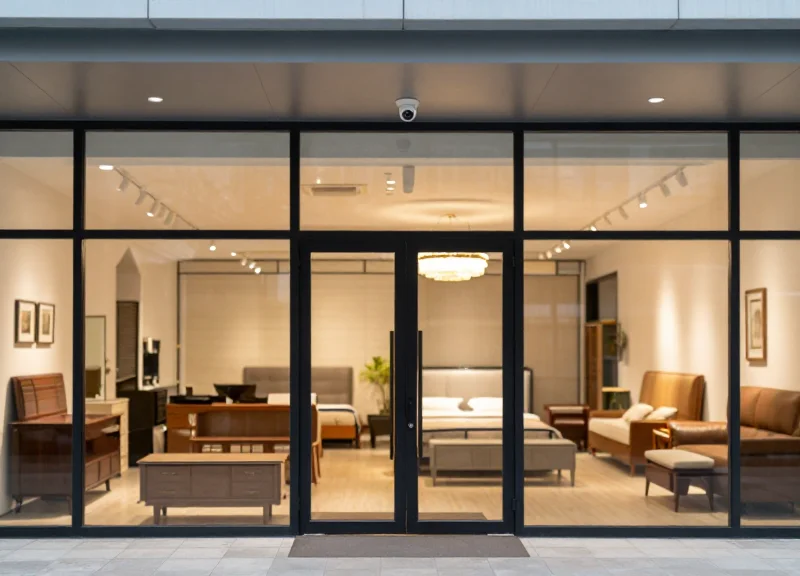 Wide glass entrance of a furniture showroom with overhead security sensors.