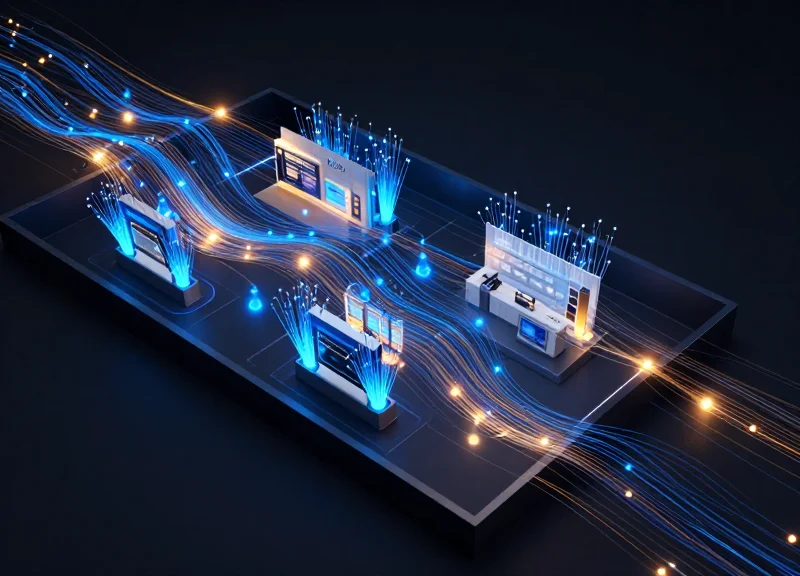 Abstract data visualization of store analytics and security alerts.