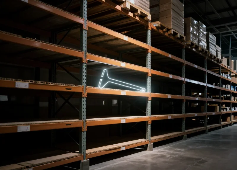 A conceptual illustration representing retail shrinkage with a focus on an empty space on a retail shelf in a large hardware store.