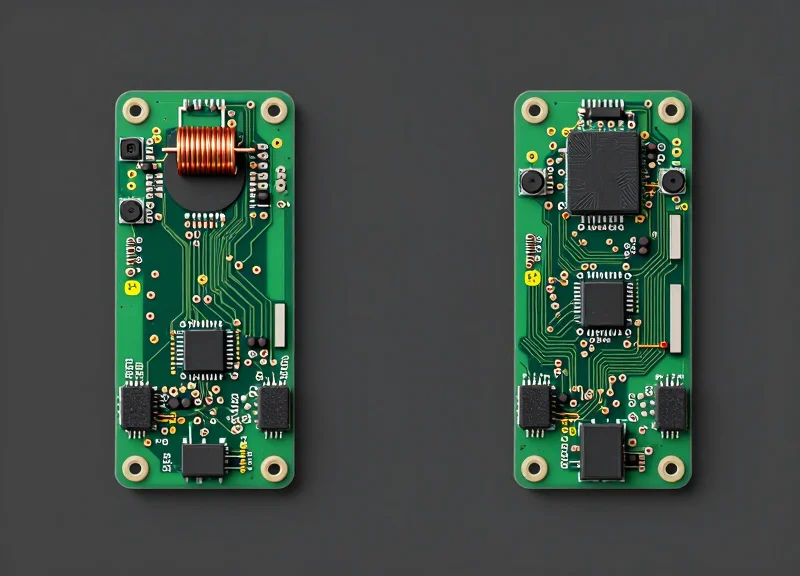 A side-by-side comparison of two types of electronic security sensor components representing AM and RF technologies.
