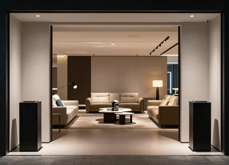 A wide entrance of a high-end furniture showroom with sleek anti-theft security pedestals at the sides.