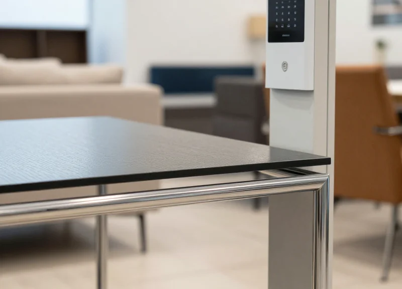 A close-up of a metallic table leg positioned near a security sensor, illustrating potential interference.