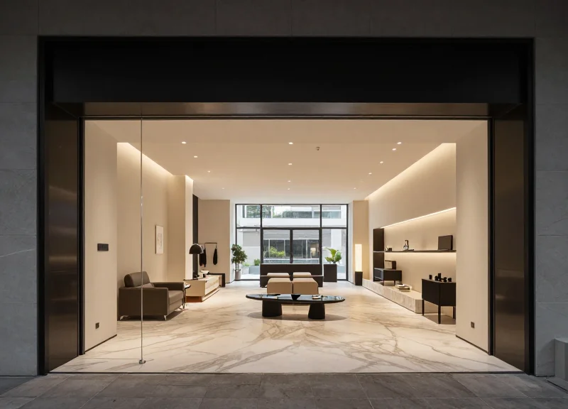 A luxury minimalist showroom entrance without any visible security pedestals, featuring high-end furniture and marble floors.