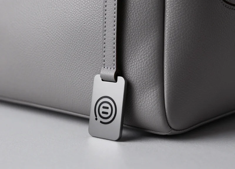 Close-up of a high-end designer handbag with a small, nearly invisible RFID hybrid tag.