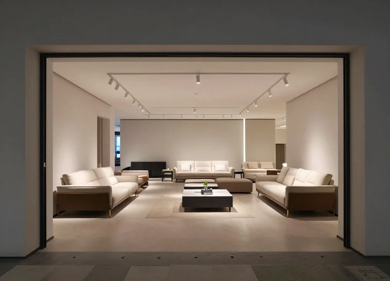 Wide shot of a spacious high-end interior showroom with open pathways and no security obstructions.