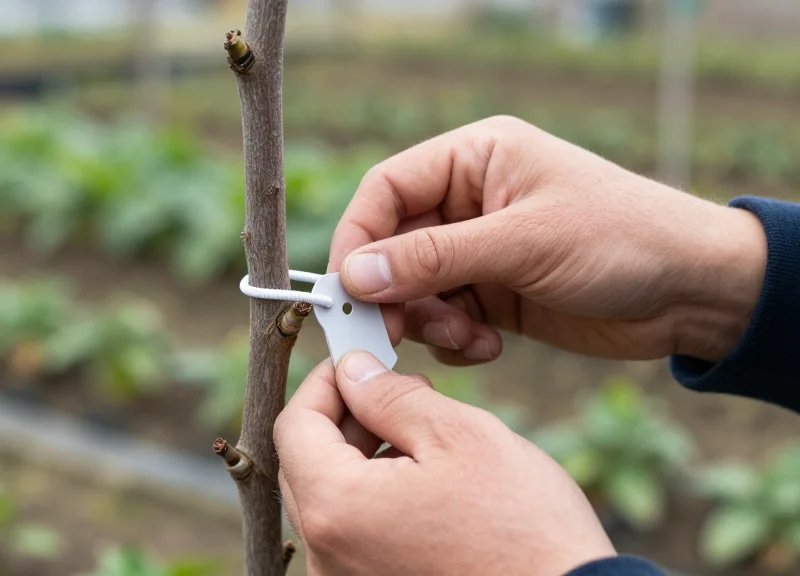 Close-up of a hand attaching a soft loop security tag to a tree branch