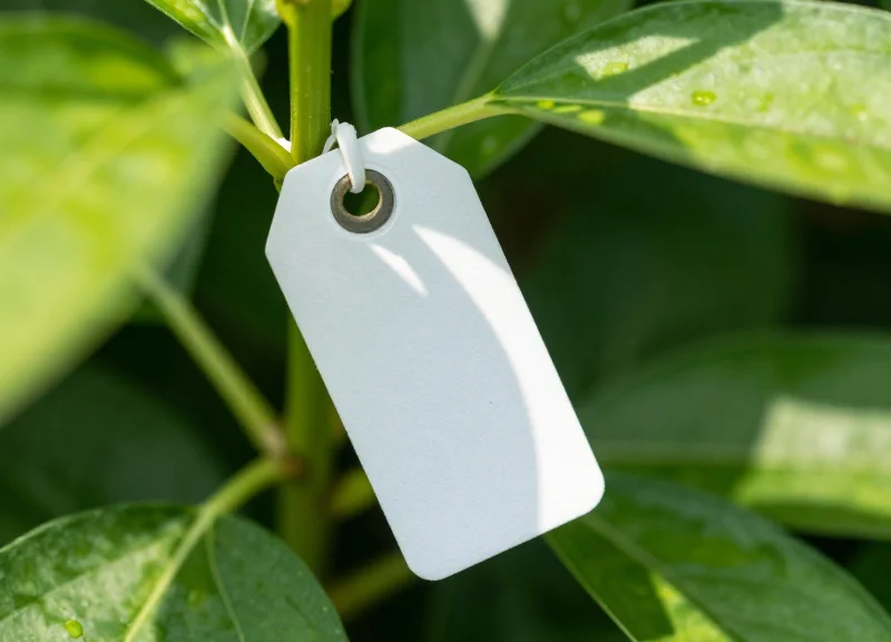A macro photo of a weather-resistant security tag attached to a plant stem.