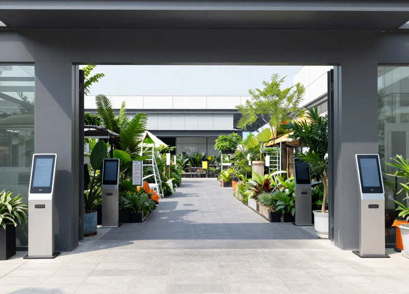 Strategic placement of security pedestals at a wide garden center entrance.