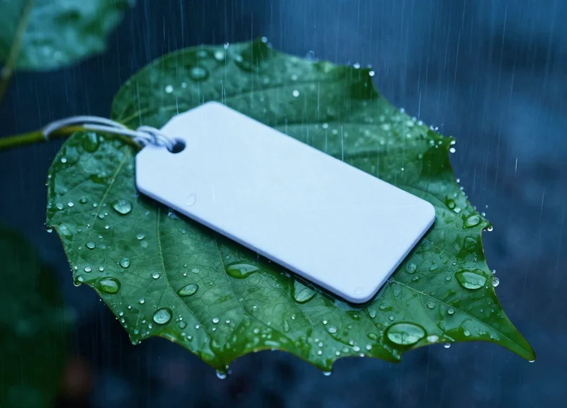 A conceptual illustration showing a blank security label being washed away by heavy rain on a leaf, symbolizing technical failure in wet garden environments.