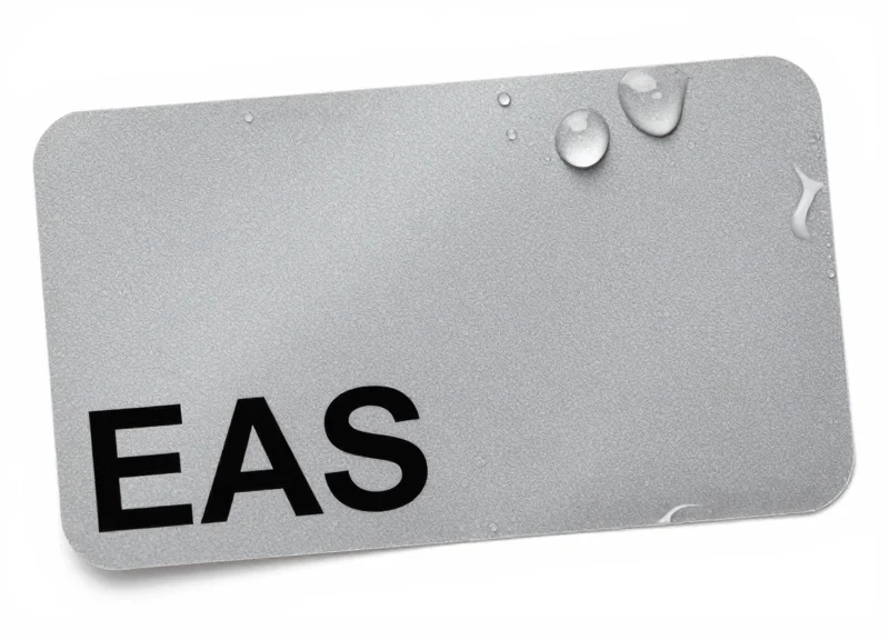 A high-detail close-up of a blank waterproof EAS label with water beads on its surface, highlighting its material science.